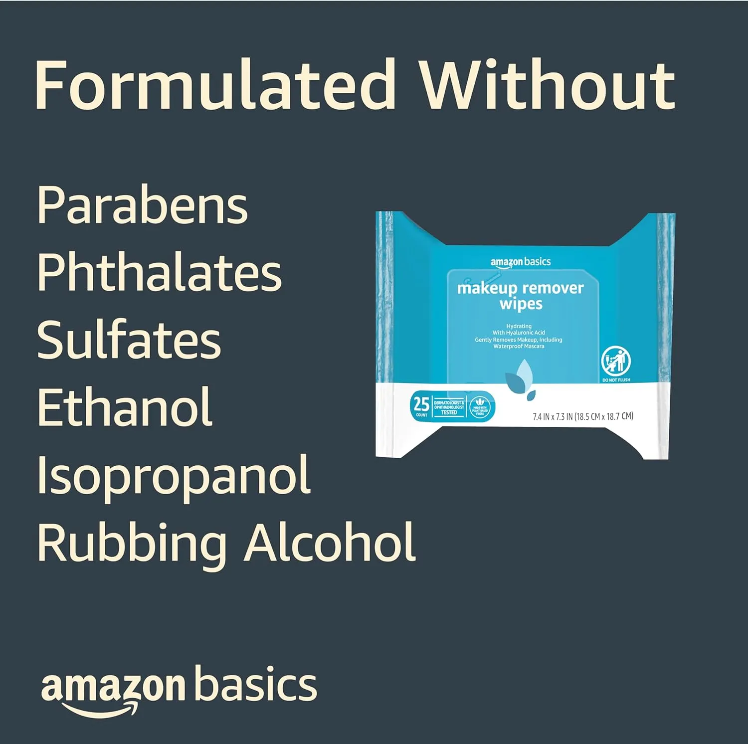 Amazon Basics Makeup Remover Wipes, Gentle Cleansing, Dermatologist Tested, Hydrating, Plant Based, Alcohol Free, Removes Waterproof Mascara, 25 Count Per Pack, Pack of 6 (Previously Solimo)