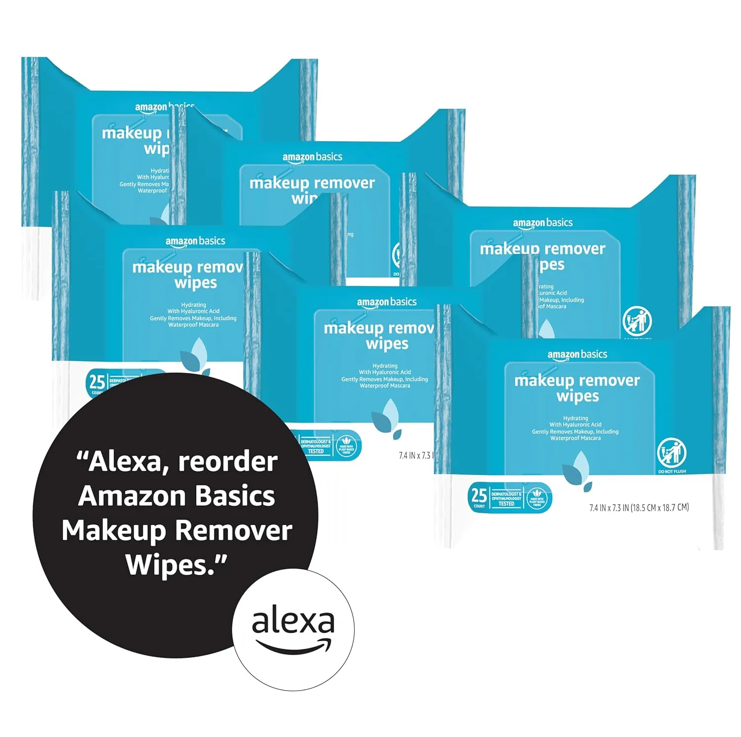 Amazon Basics Makeup Remover Wipes, Gentle Cleansing, Dermatologist Tested, Hydrating, Plant Based, Alcohol Free, Removes Waterproof Mascara, 25 Count Per Pack, Pack of 6 (Previously Solimo)