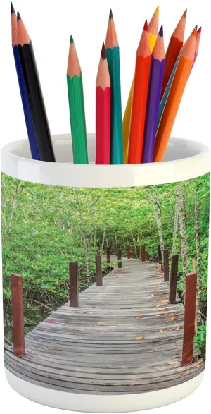 Ambesonne Beach Pathway Pencil Pen Holder, Long Wood Bridge in Mangrove Forest Thailand Exploration Journey, Ceramic Pencil Holder for Desk Office Accessory, 3.6" X 3.2", Green Brown and Redwood