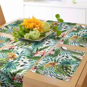 Ambesonne Leaf Table Runner & Placemats, Vintage Retro 60s Seem Banana Palm Tree Leaves Flowers Hibiscus, Set for Dining Table Decor, Placemat 4 pcs   Runner 16"x72", Pale Caramel Burgundy
