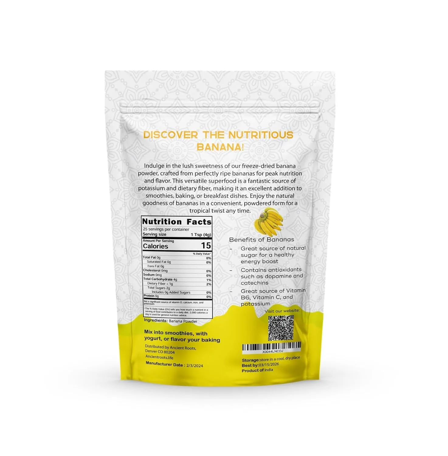 Ancient Roots Banana Powder - Freeze-dried, All-natural, No Sugar Added, Smoothie Mix, Support Digestive Health Naturally, 3.5 ounces (25 servings)