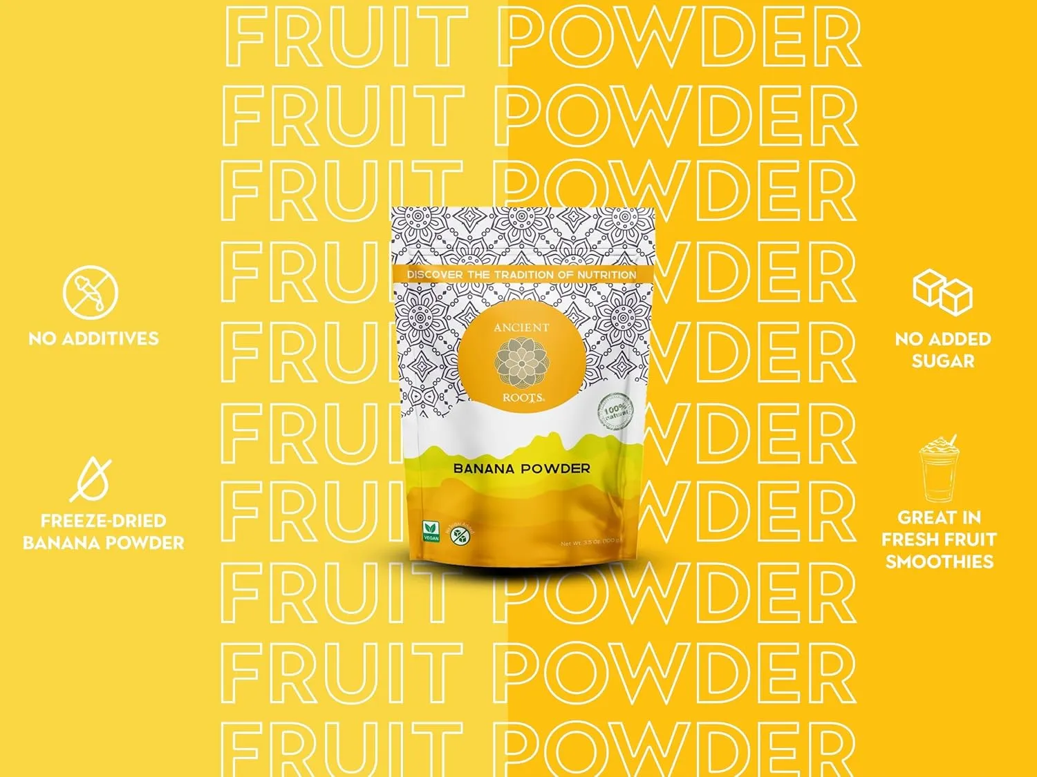 Ancient Roots Banana Powder - Freeze-dried, All-natural, No Sugar Added, Smoothie Mix, Support Digestive Health Naturally, 3.5 ounces (25 servings)