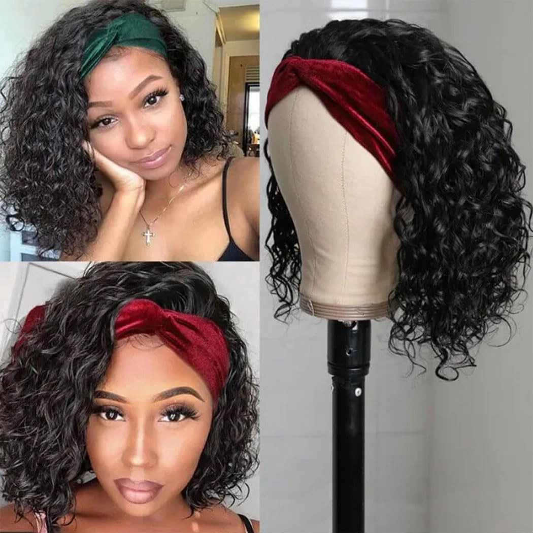 Annora Headband Wigs Water Wave Human Hair Curly Wave Wear and Go Glueless Wigs for Black Women 100% Human Hair Wigs Short Headband Wig 150% Density Natural Color Bob Wig 10 Inch