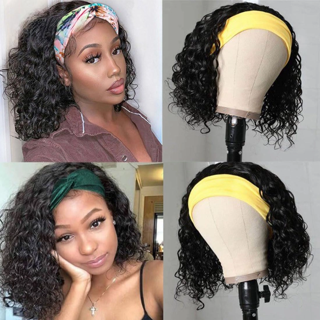 Annora Headband Wigs Water Wave Human Hair Curly Wave Wear and Go Glueless Wigs for Black Women 100% Human Hair Wigs Short Headband Wig 150% Density Natural Color Bob Wig 10 Inch