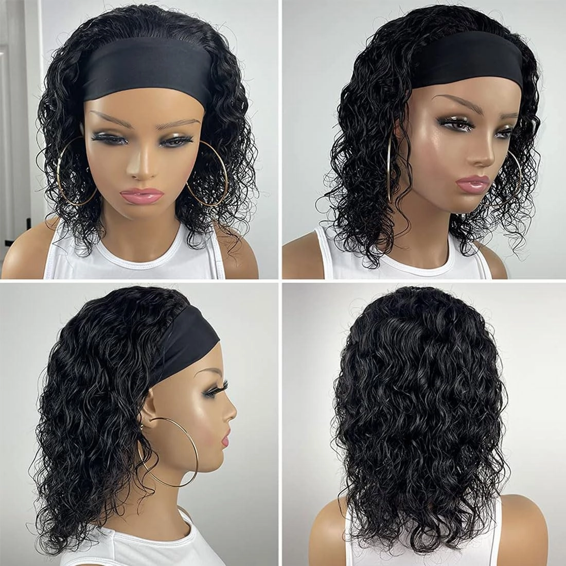 Annora Headband Wigs Water Wave Human Hair Curly Wave Wear and Go Glueless Wigs for Black Women 100% Human Hair Wigs Short Headband Wig 150% Density Natural Color Bob Wig 10 Inch