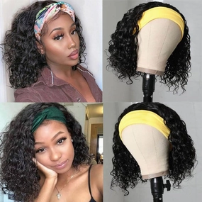 Annora Headband Wigs Water Wave Human Hair Curly Wave Wear and Go Glueless Wigs for Black Women 100% Human Hair Wigs Short Headband Wig 150% Density Natural Color Bob Wig 10 Inch