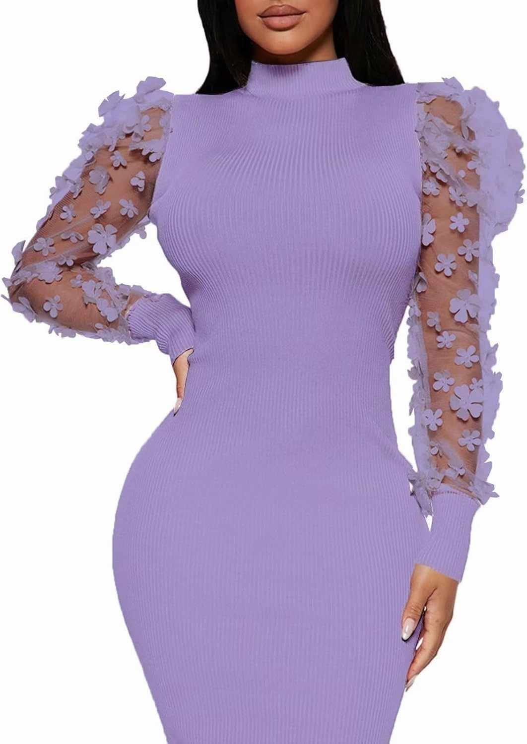 Annystore Women's Elegant Mock Neck Sheer Long Sleeve Mesh Bodycon Dress Ribbed Club Party Pencil Midi Dresses Clubwear
