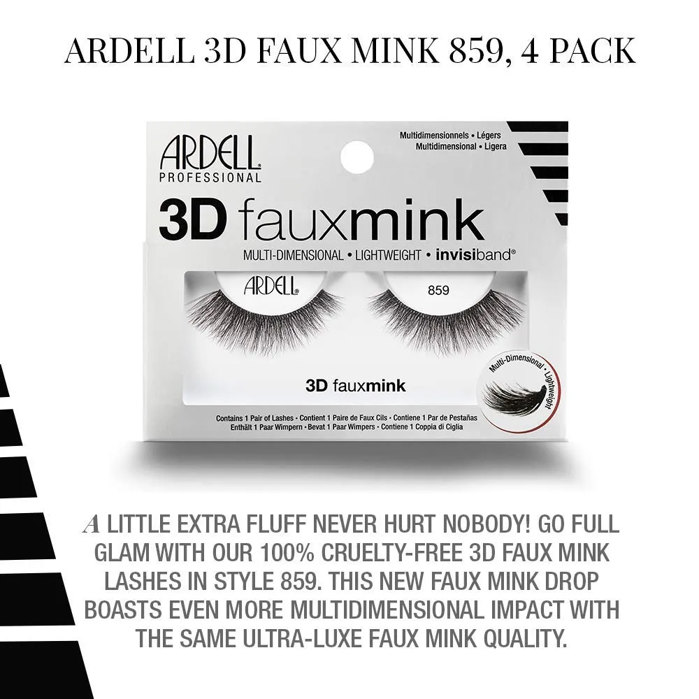 Ardell False Eyelashes 3D Faux Mink Lashes 859 - Lightweight Reusable Strip Lashes with Invisiband, Ultra-Fluffy Volume for a Natural Glam Look, 4 Pairs