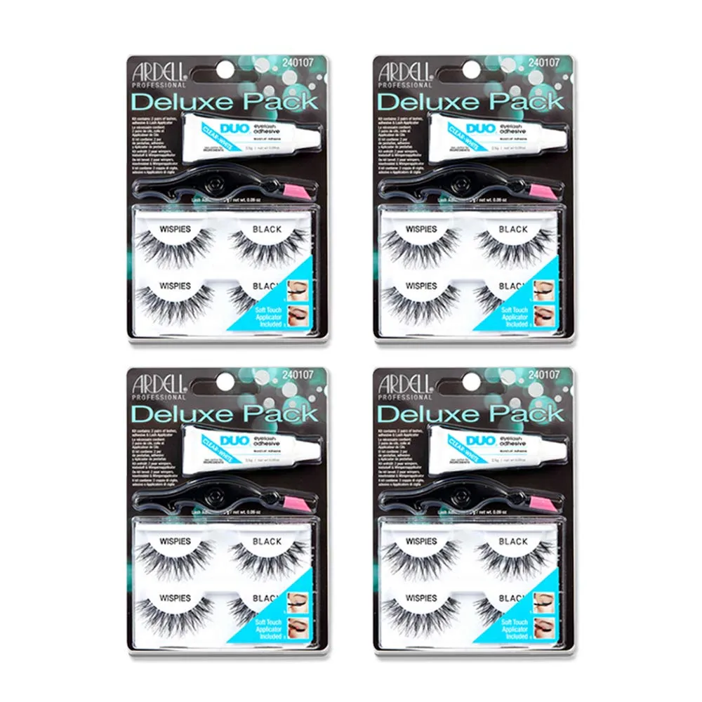 Ardell False Eyelashes Deluxe Pack Kit Wispies - Black, Includes Lash Adhesive and Applicator, Natural-Looking Volume Lashes, 4 Pack