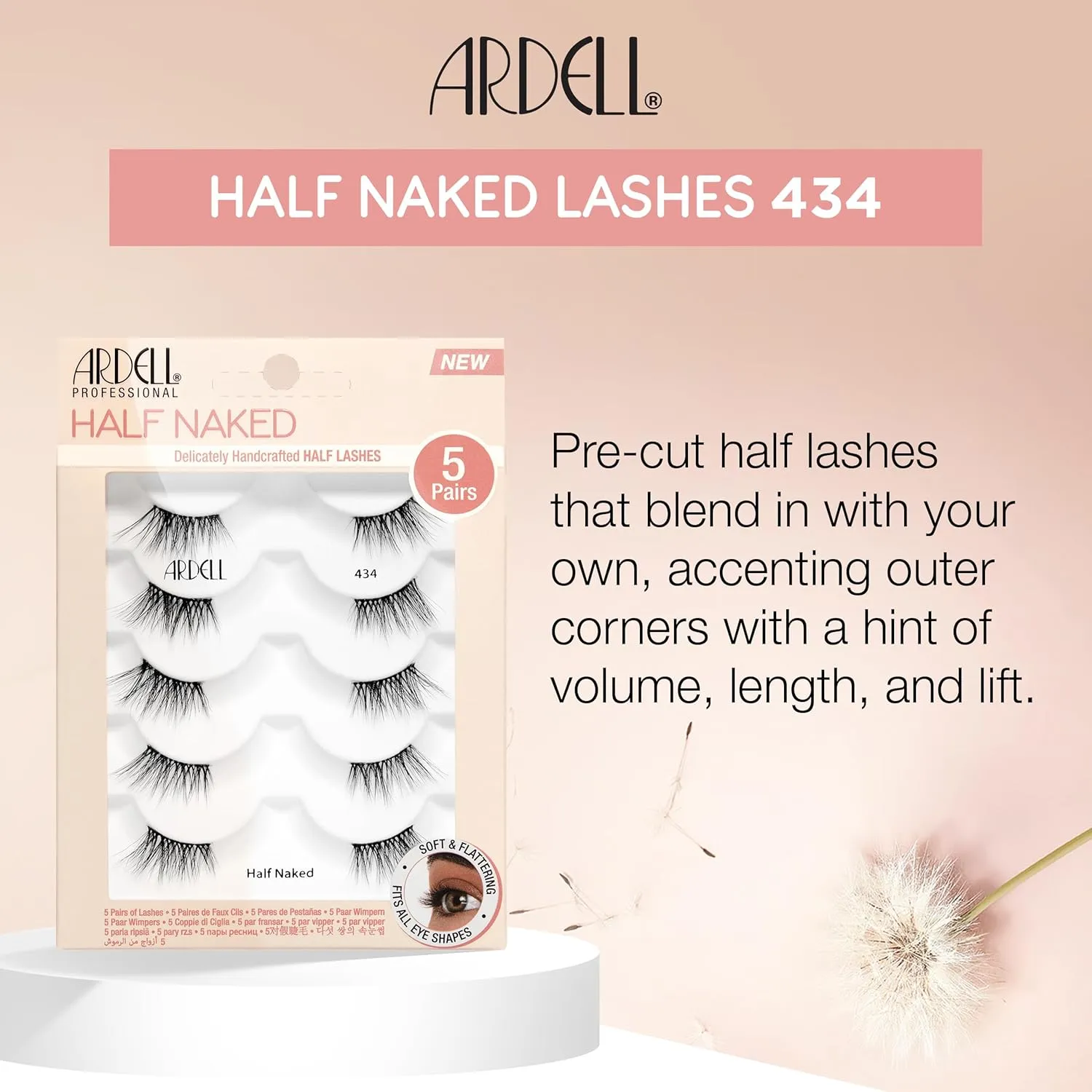 Ardell Naked Half Lashes 434 - Delicately Handcrafted Cat Eye False Eyelashes, 5-Pairs, 1-Pack