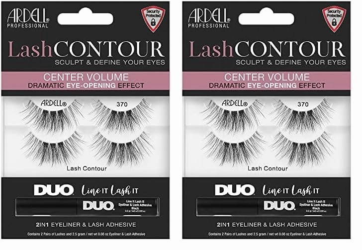 Ardell Lash Contour False Eyelashes, 370 - Center Volume Lashes with DUO Eyeliner & Lash Adhesive Black, 2 Pairs (Pack of 2)