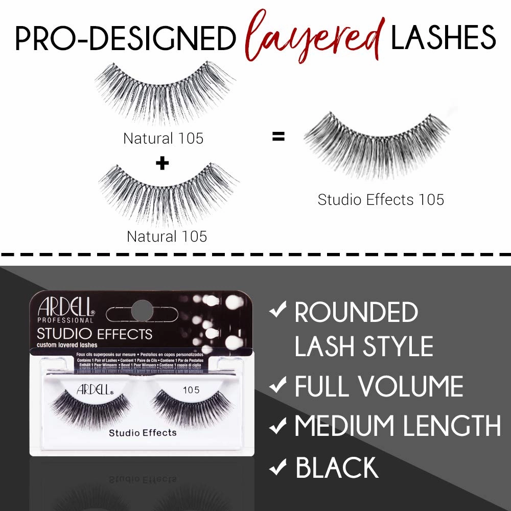 Ardell Studio Effects False Eyelashes 105 - Custom Layered Lashes for Dramatic Eye Look, Reusable Strip Lashes, 4 Pack