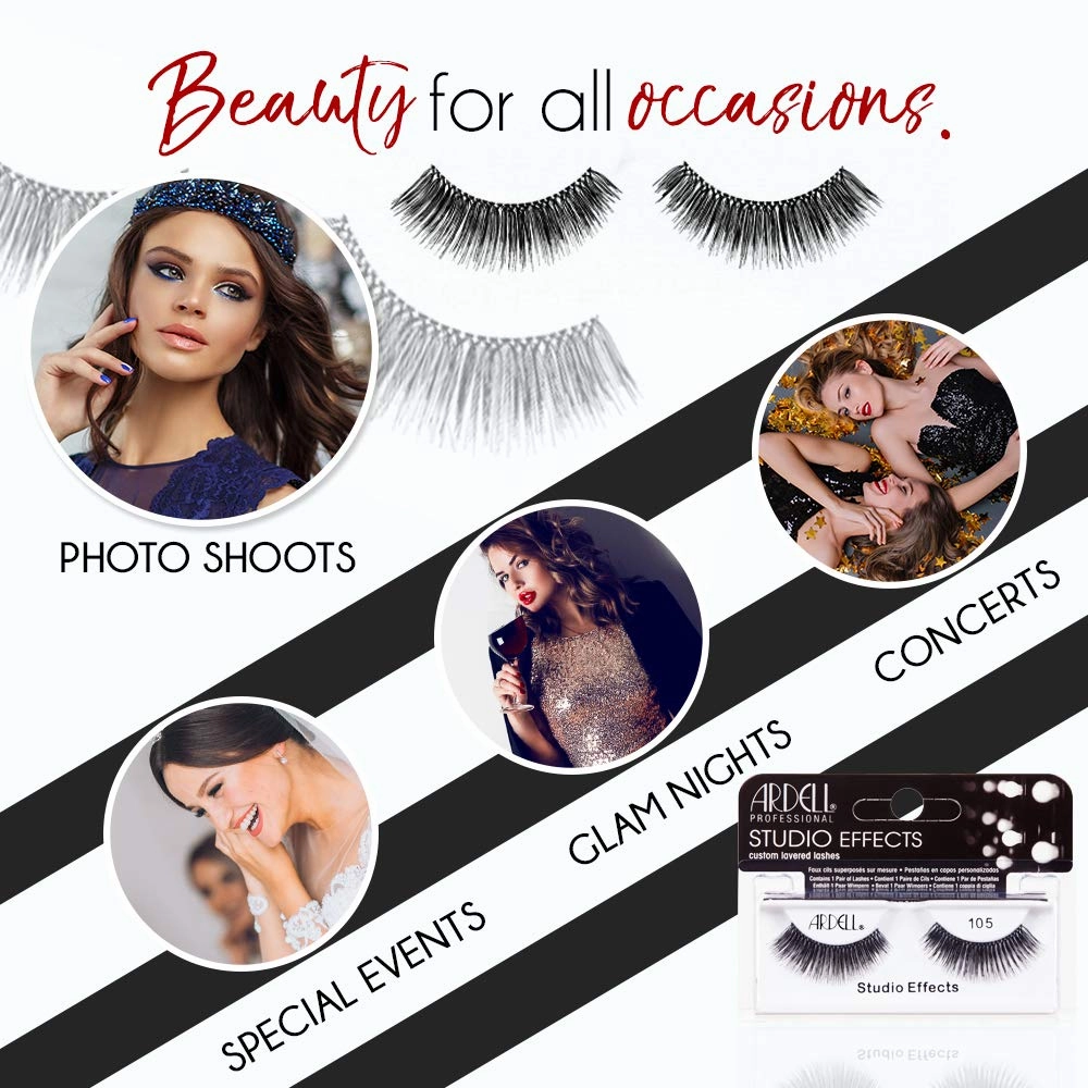 Ardell Studio Effects False Eyelashes 105 - Custom Layered Lashes for Dramatic Eye Look, Reusable Strip Lashes, 4 Pack