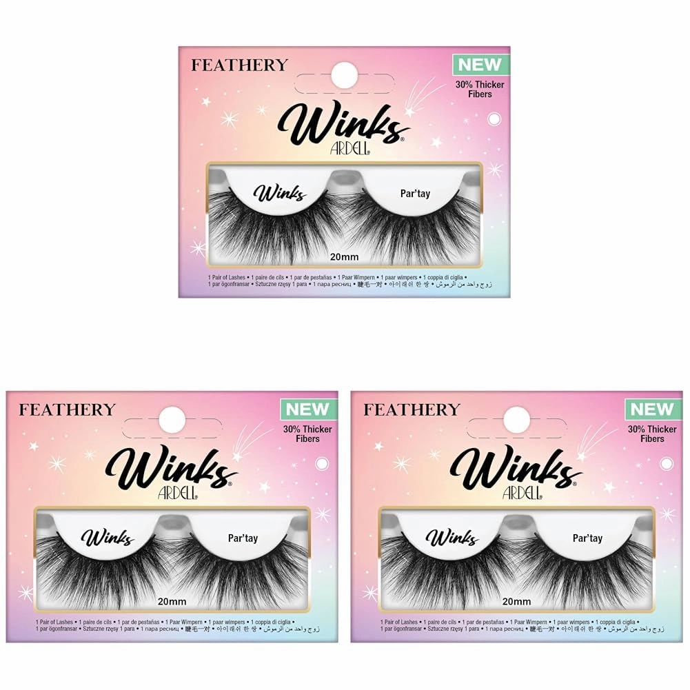 Ardell Winks Par'tay Lashes, Full Volume, 20mm Ultra-Long False Eyelashes, Feathered and Fluttery, Black Band, 1 Pair (Pack of 3)