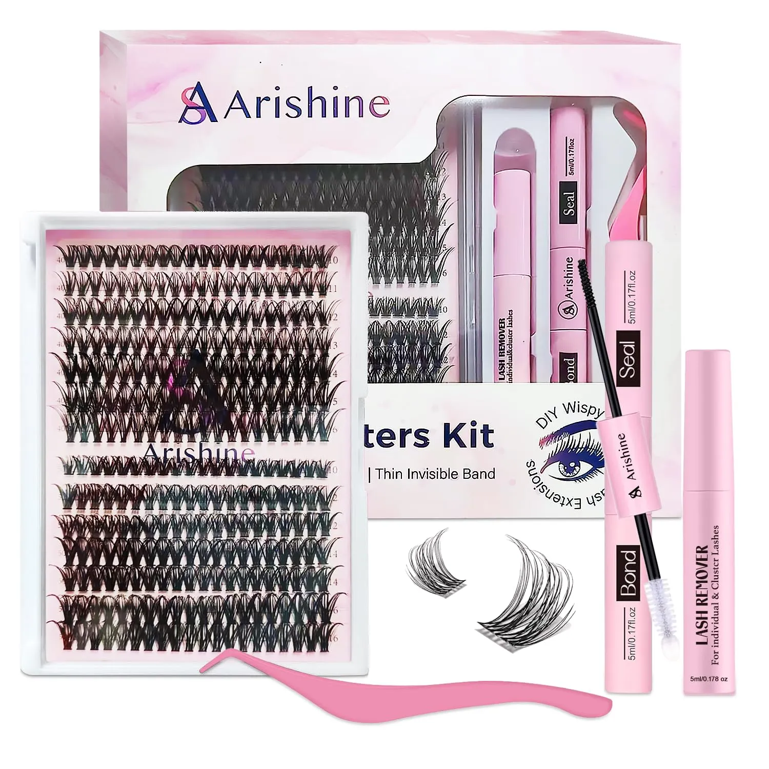 Arishine Lash Clusters Kit: 280PCS D Curl Wispy Cluster Eyelash Extensions, 10-16mm Natural DIY Lash Clusters Kit with Lash Bond & Seal, Remover, Tweezers & Applicators – Thin Invisible Band