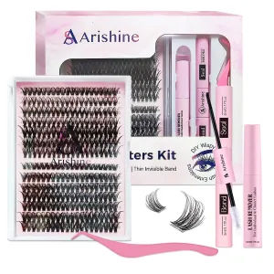 Arishine Lash Clusters Kit: 280PCS D Curl Wispy Cluster Eyelash Extensions, 10-16mm Natural DIY Lash Clusters Kit with Lash Bond & Seal, Remover, Tweezers & Applicators – Thin Invisible Band
