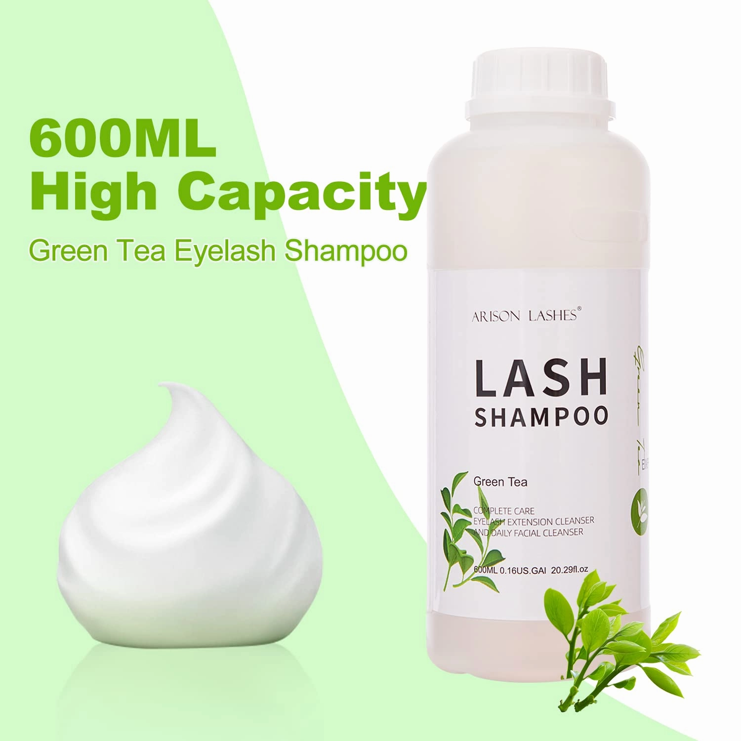 Arison Eyelash Eyelash Extension Shampoo 600ml / Eyelid Foaming Cleanser/Wash for Extensions and Natural Lashes/Paraben & Sulfate Free Safe Makeup & / Professional & Self Use (Green Tea)