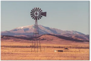 artgeist Textured Canvas wall art Ranch Windmill 24x16 in - 1pcs desert pisture mountains ranch landscape photo rural painting farmhouse windmill water pump wind country brown beige c-B-10237-b-a