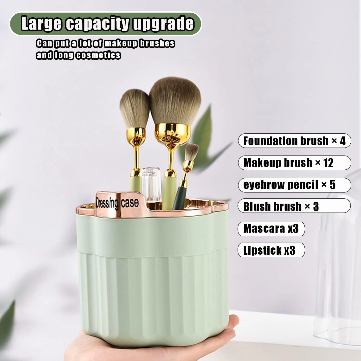 AVSMGP Makeup Brush Holder Organizer, 360° Rotating Pencil Pen Holder Cup, Desk Accessories, 18 Slot Make up Brushes Cup, for Storage Stand for Cosmetics Painting Pen Eyeliner or on The Vanity,Green