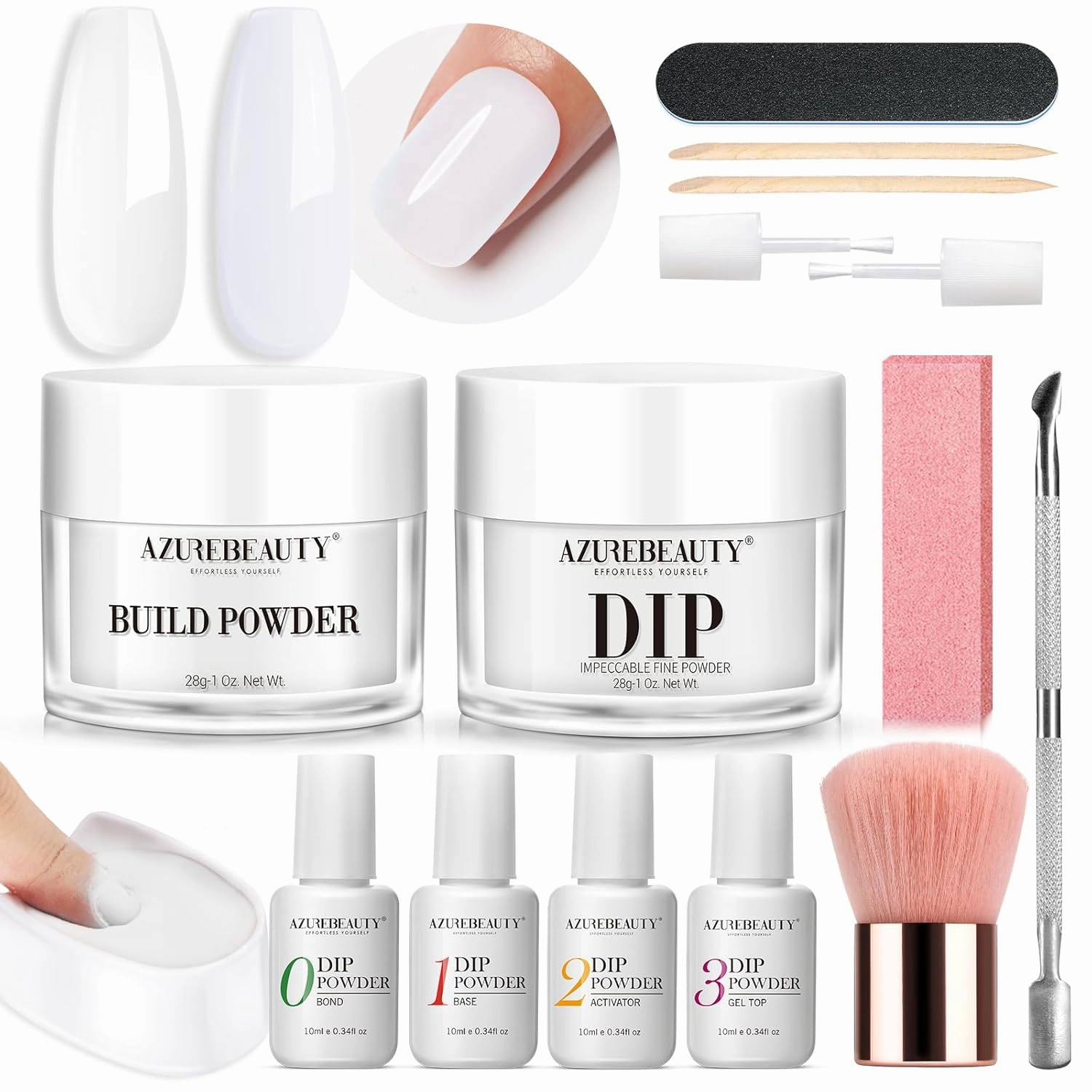 AZUREBEAUTY Clear & White Dip Powder Nail Kit, 28g/1Oz 15 Pcs Essential Dipping Build Powder with Basics Dip Powder Liquid Set Top & Base Coat Bond Activator for Beginners Nail Manicure Salon Home