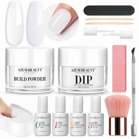 AZUREBEAUTY Clear & White Dip Powder Nail Kit, 28g/1Oz 15 Pcs Essential Dipping Build Powder with Basics Dip Powder Liquid Set Top & Base Coat Bond Activator for Beginners Nail Manicure Salon Home