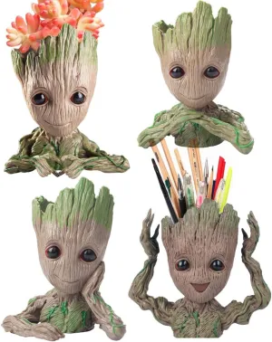 Baby Groot Flower Pot, Tree Man Pen or Pencil Holder or Planters with Drainage Hole Perfect for a Tiny Succulents Plants Christmas Birthday Gift (4 Styles in 1)