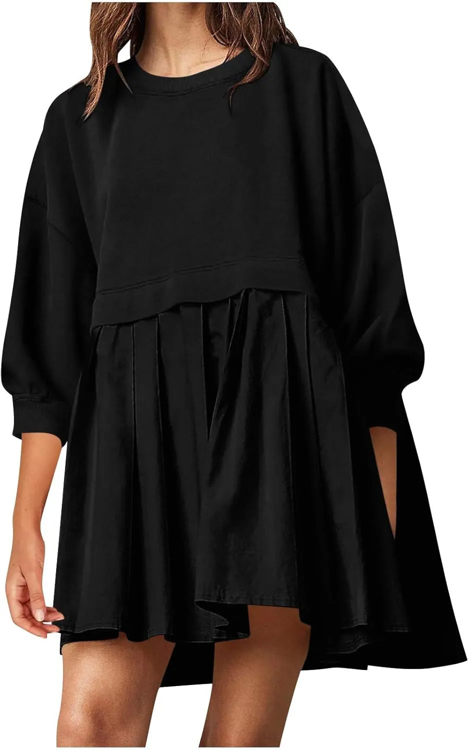 Babydoll Dresses Fall 2024 Long Sleeve Pleated A Line Swing Patchwork Lightweight Dress Crewneck Casual Mini Dresses