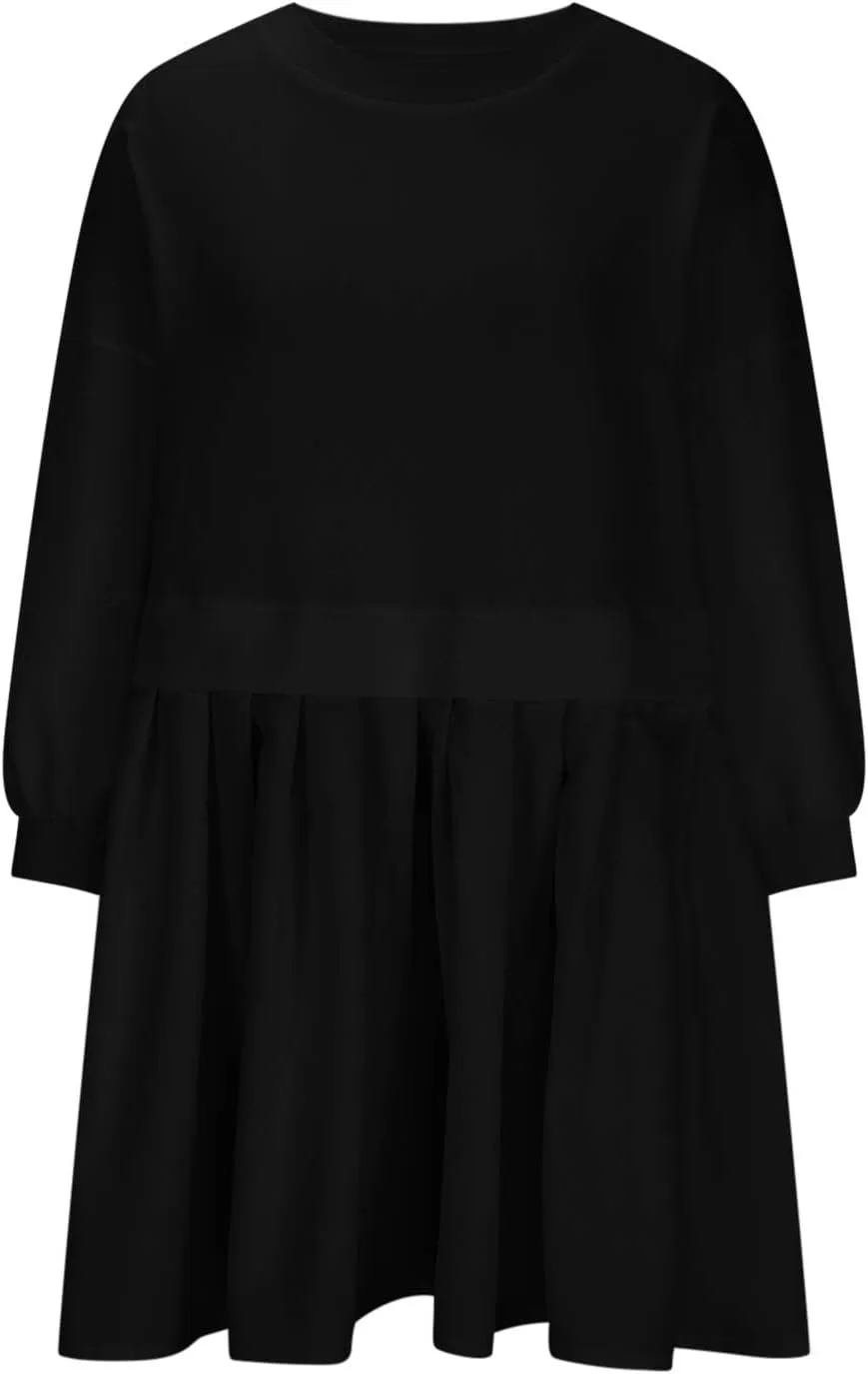 Babydoll Dresses Fall 2024 Long Sleeve Pleated A Line Swing Patchwork Lightweight Dress Crewneck Casual Mini Dresses