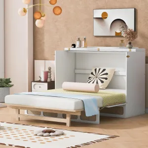 Ball & Cast Rattan Pattern Full Size Murphy Bed Folding Wall Chest with Large Storage Drawers,can be Folded,Wood Hideaway Cabinet Platform Bedframe w/USB,Bedroom Furniture for Small Room,White