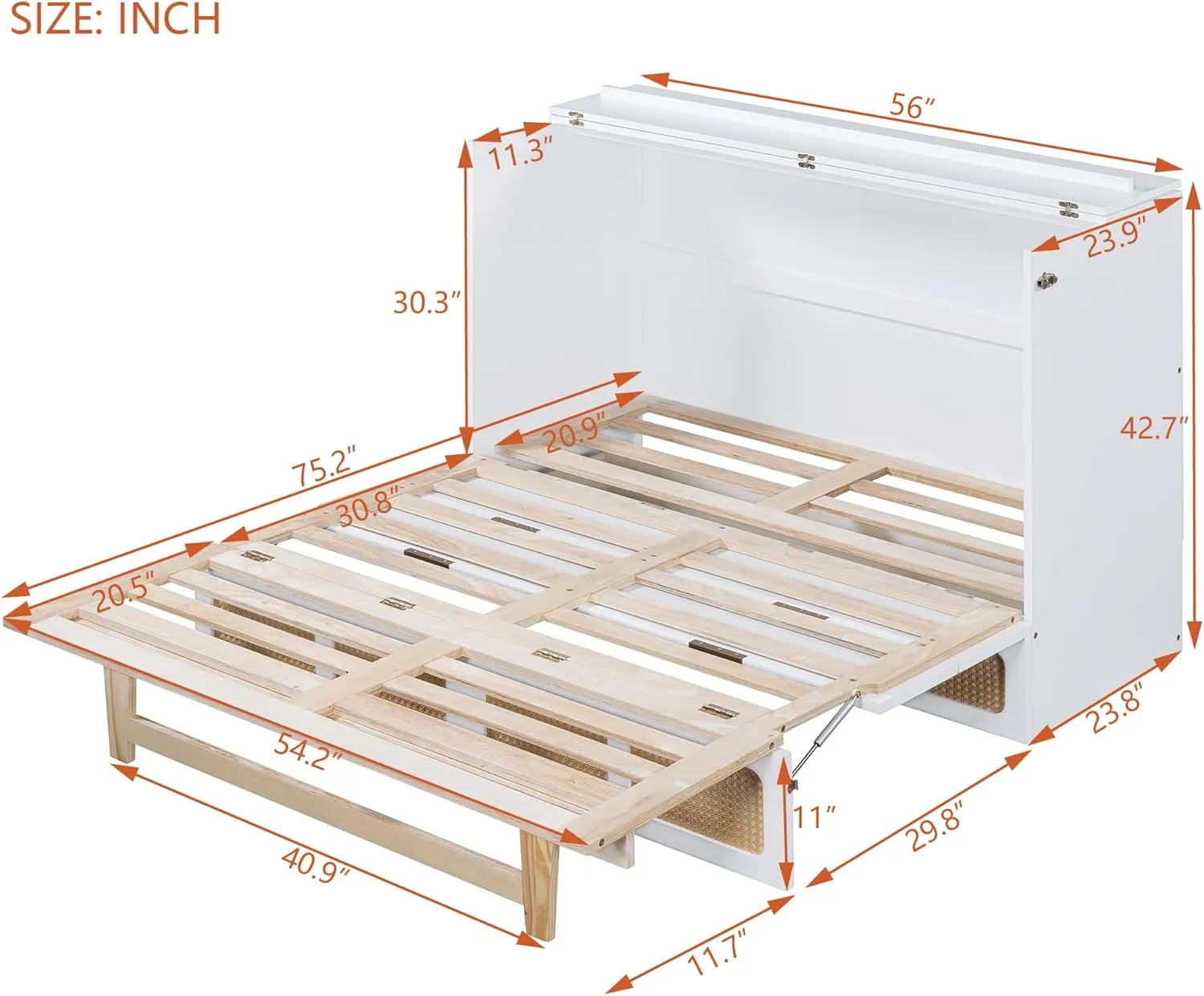 Ball & Cast Rattan Pattern Full Size Murphy Bed Folding Wall Chest with Large Storage Drawers,can be Folded,Wood Hideaway Cabinet Platform Bedframe w/USB,Bedroom Furniture for Small Room,White