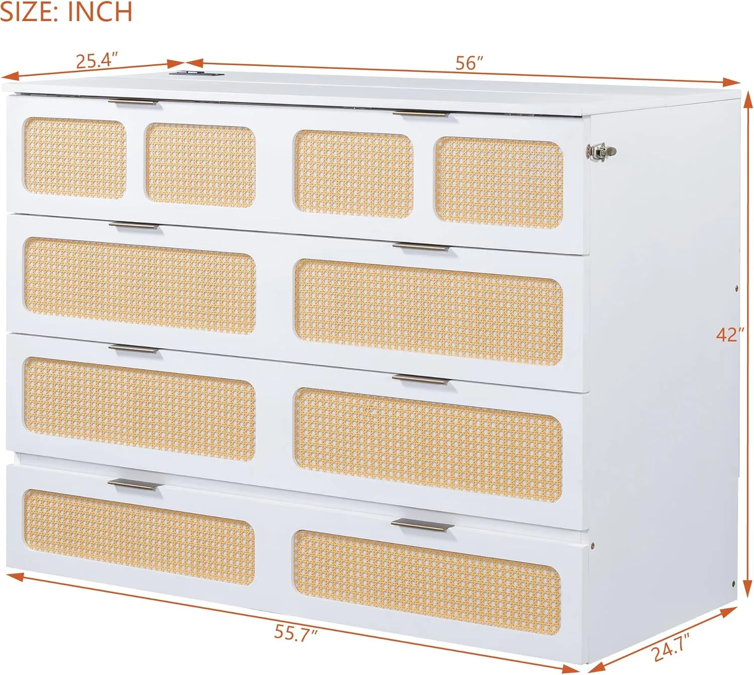 Ball & Cast Rattan Pattern Full Size Murphy Bed Folding Wall Chest with Large Storage Drawers,can be Folded,Wood Hideaway Cabinet Platform Bedframe w/USB,Bedroom Furniture for Small Room,White