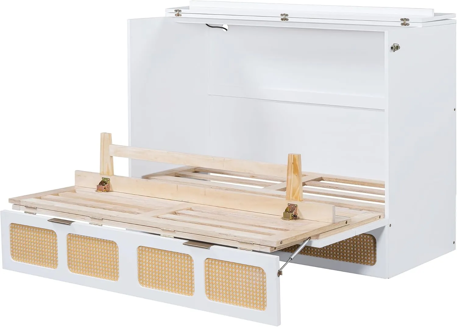 Ball & Cast Rattan Pattern Full Size Murphy Bed Folding Wall Chest with Large Storage Drawers,can be Folded,Wood Hideaway Cabinet Platform Bedframe w/USB,Bedroom Furniture for Small Room,White