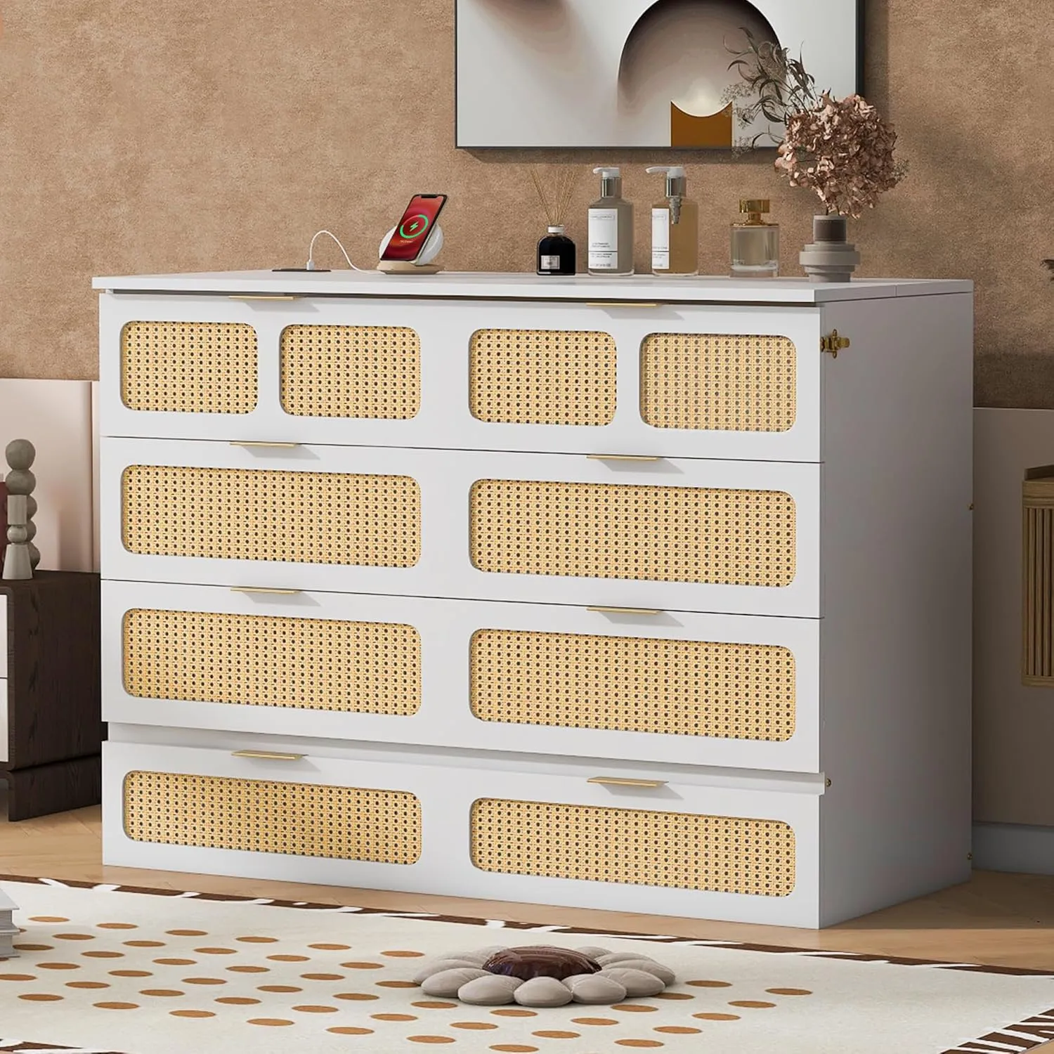 Ball & Cast Rattan Pattern Full Size Murphy Bed Folding Wall Chest with Large Storage Drawers,can be Folded,Wood Hideaway Cabinet Platform Bedframe w/USB,Bedroom Furniture for Small Room,White