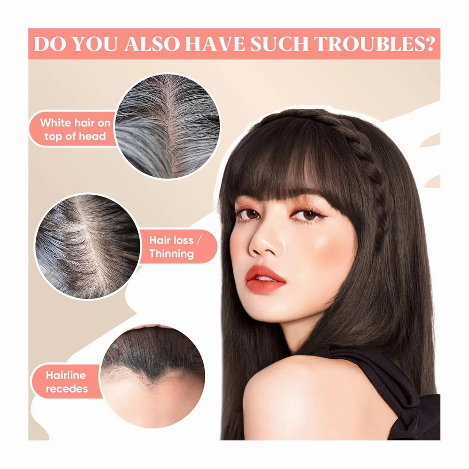 Bangs Hair Clip Synthetic Headband Bangs Extension Fake Hair Blunt Fringe with Long Sides for Women Natural False Black Brown Blonde Bang Clip in Bangs(Color:1B)