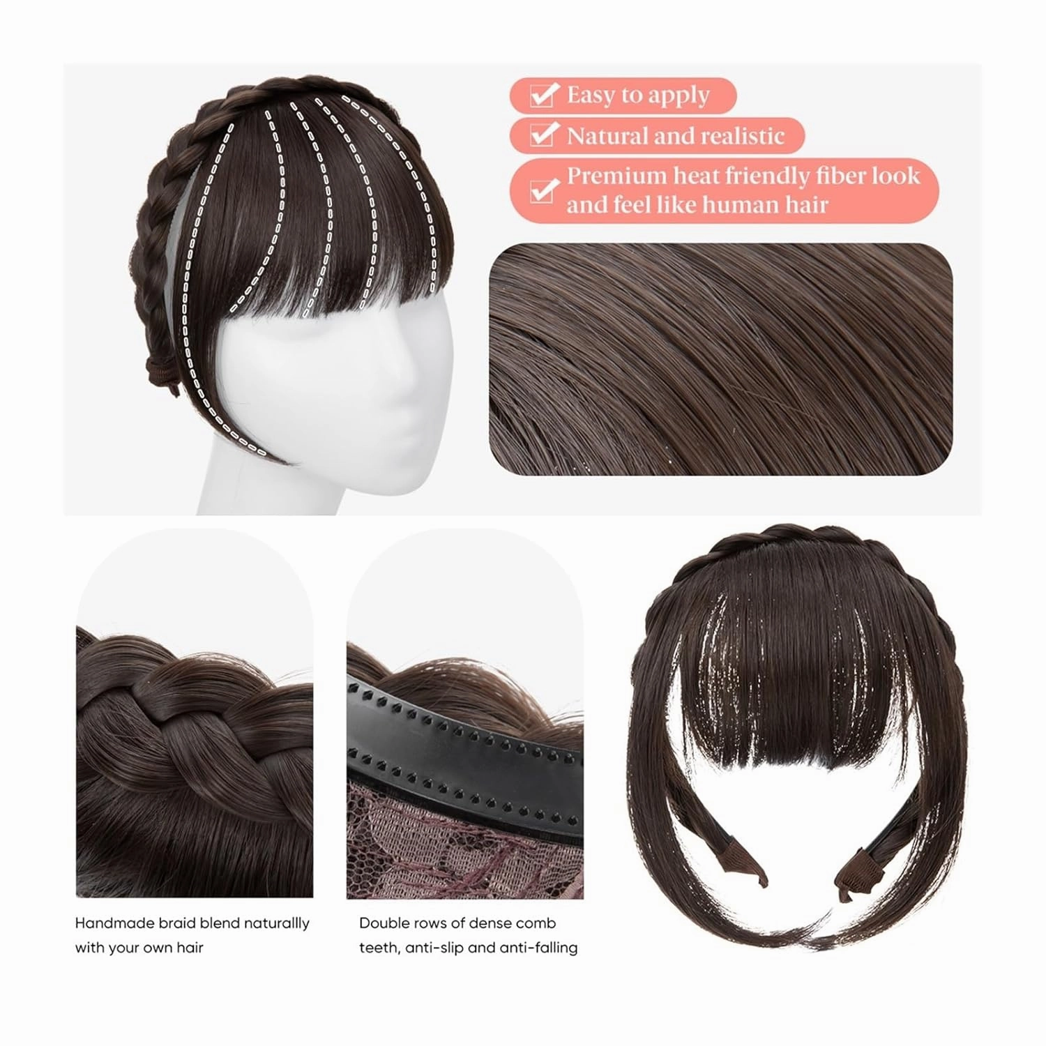 Bangs Hair Clip Synthetic Headband Bangs Extension Fake Hair Blunt Fringe with Long Sides for Women Natural False Black Brown Blonde Bang Clip in Bangs(Color:1B)