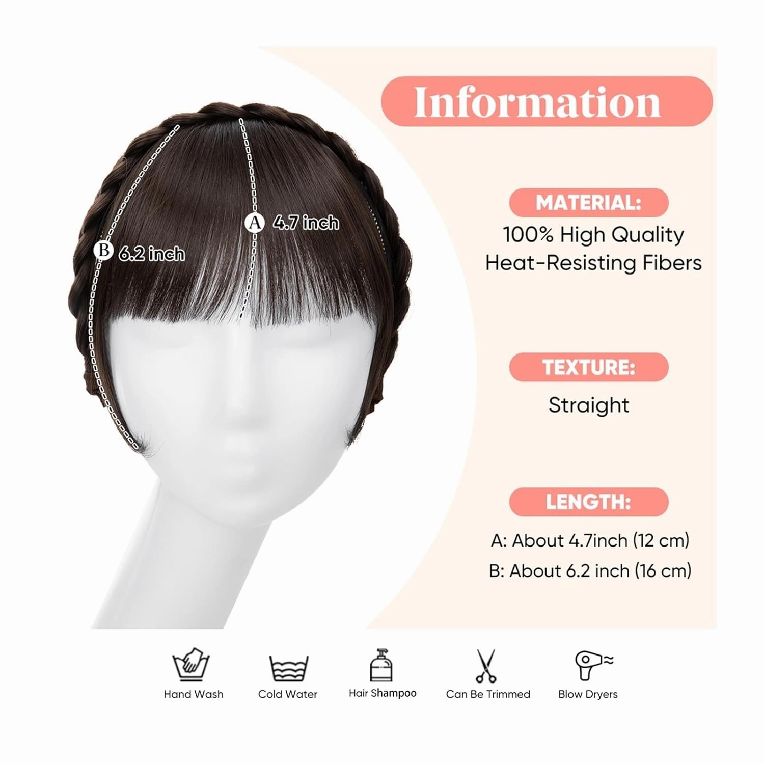 Bangs Hair Clip Synthetic Headband Bangs Extension Fake Hair Blunt Fringe with Long Sides for Women Natural False Black Brown Blonde Bang Clip in Bangs(Color:1B)