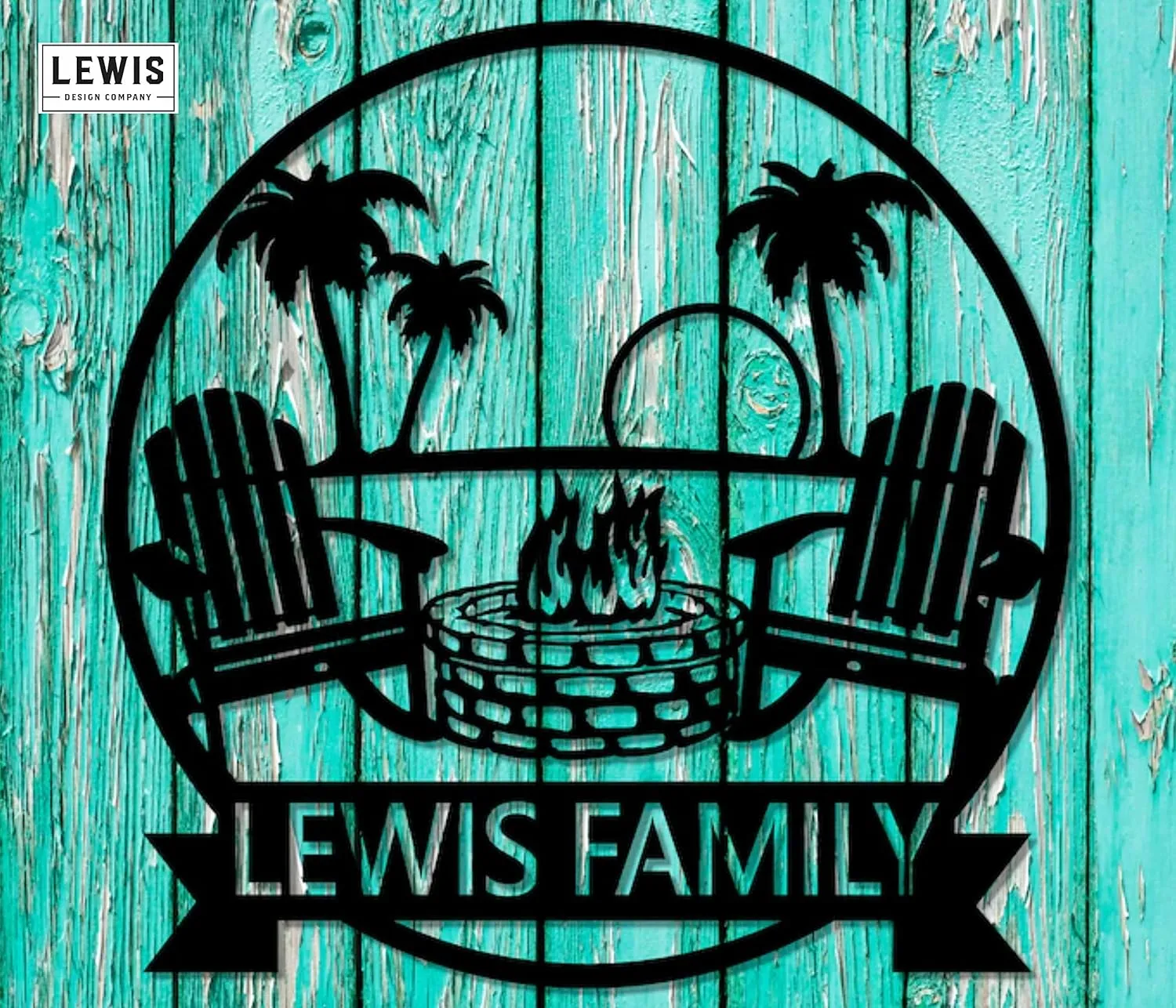 Beach Campfire w/Adirondack Chairs Custom Metal Name Sign (12" W x 12" H, Hammered Copper)