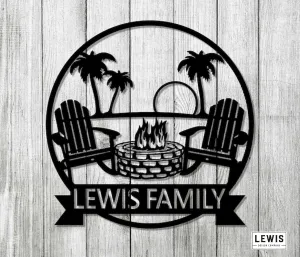 Beach Campfire w/Adirondack Chairs Custom Metal Name Sign (12" W x 12" H, Hammered Copper)