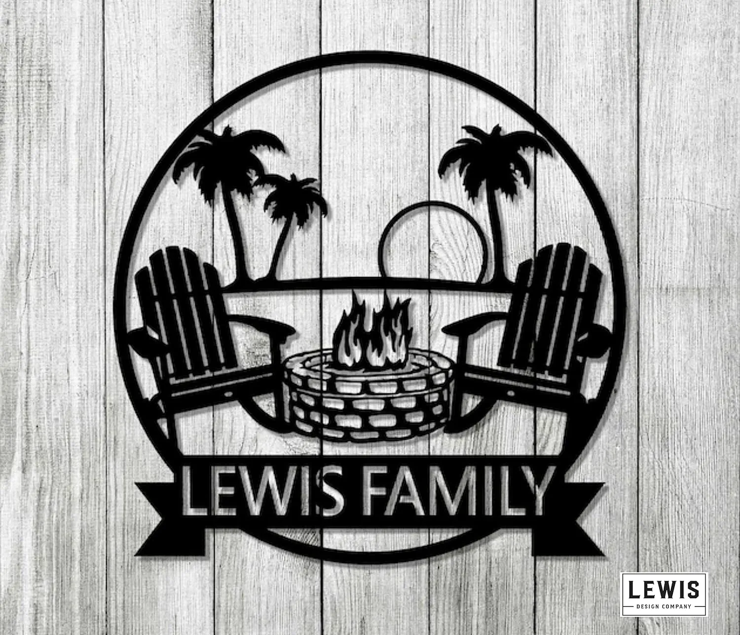 Beach Campfire w/Adirondack Chairs Custom Metal Name Sign (12" W x 12" H, Hammered Copper)