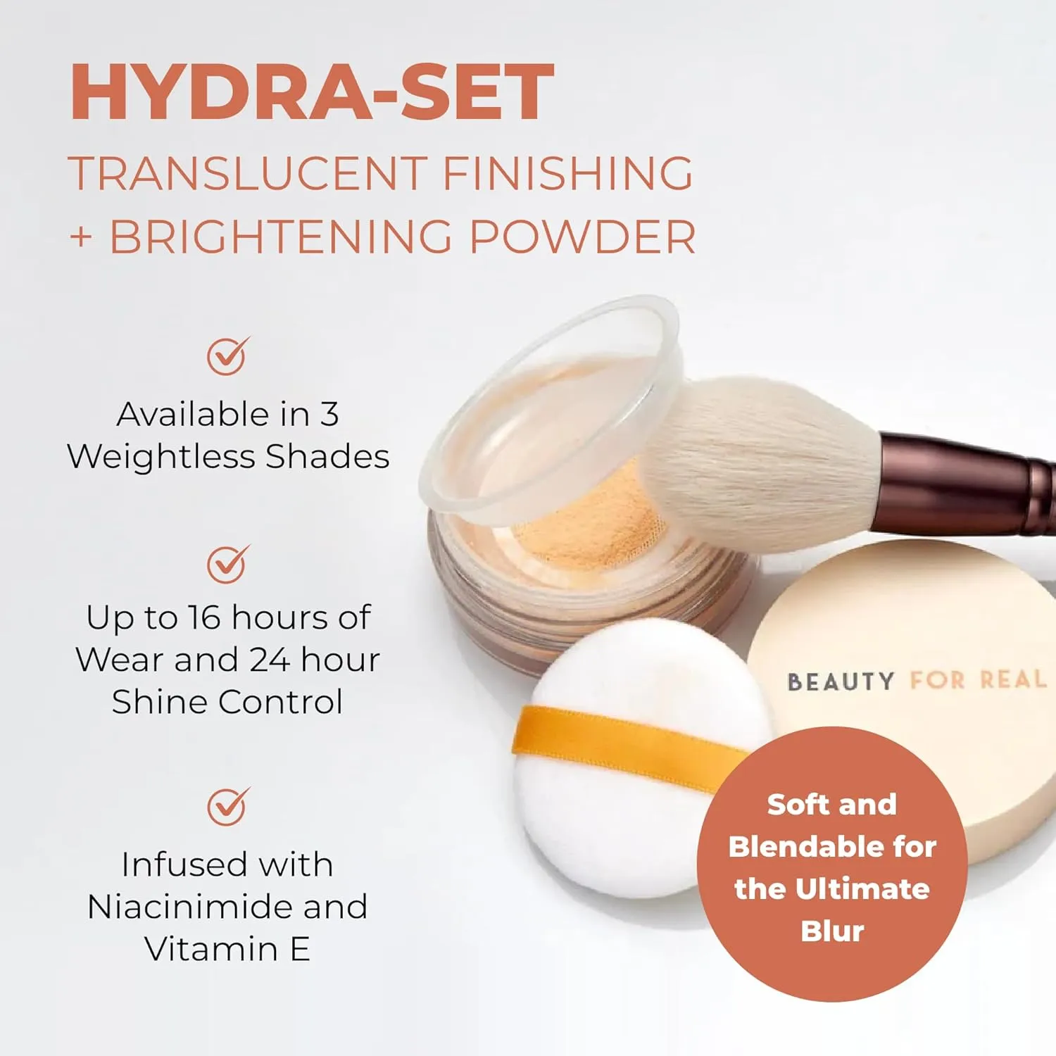 Beauty For Real Hydra-Set Translucent Finishing   Brightening Powder, Translucent 1 - Invisible, Weightless Finish - 16-Hour Wear & 24-Hour Shine Control - With Niacinamide & Vitamin E - Talc Free