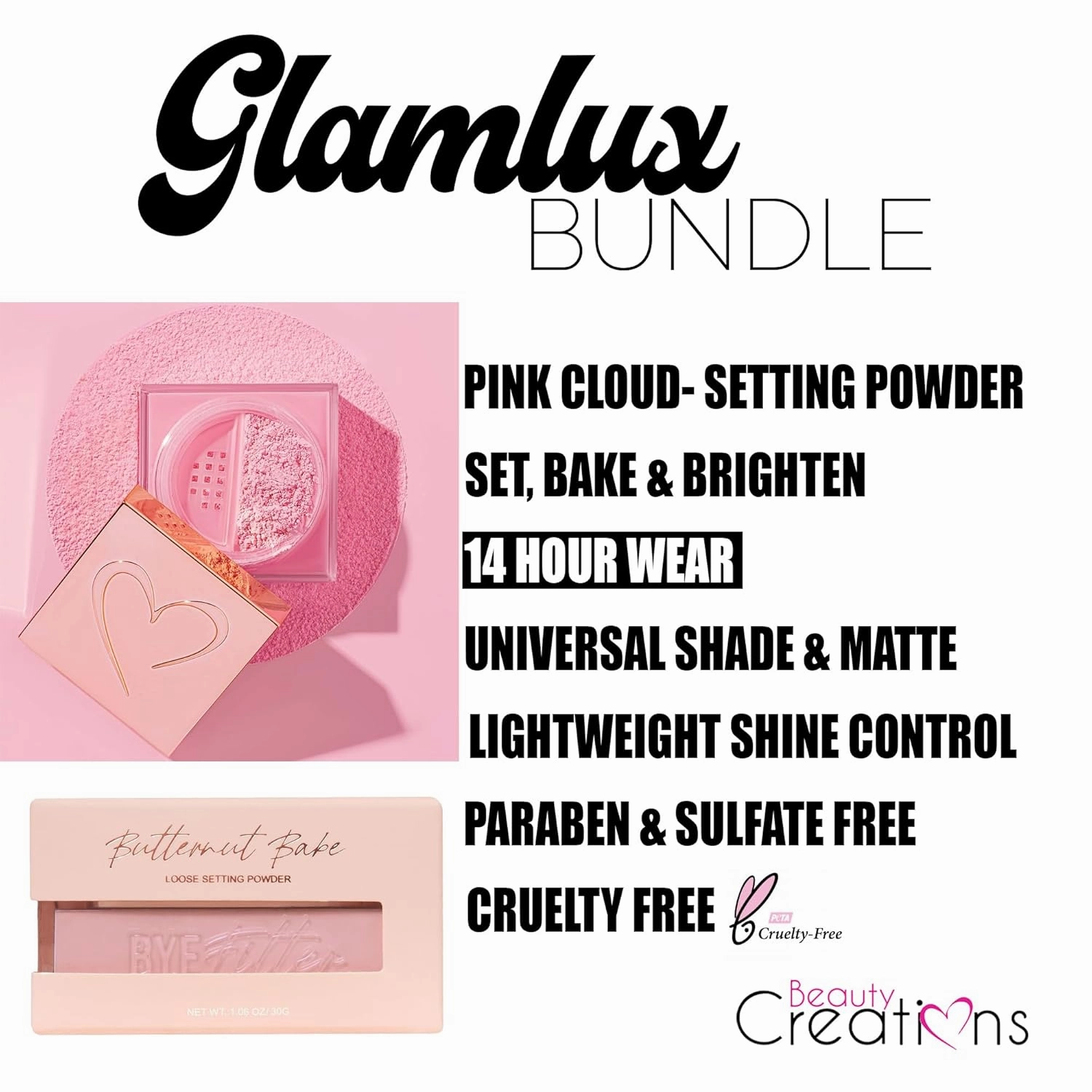 Beauty Bundle Beauty Creations Pink Cloud Pink Loose Setting Powder & Amorus Cloud Blur Matte Balm Foundation, Minimizes Pores, Matte 14HR Shine Control (Almond)