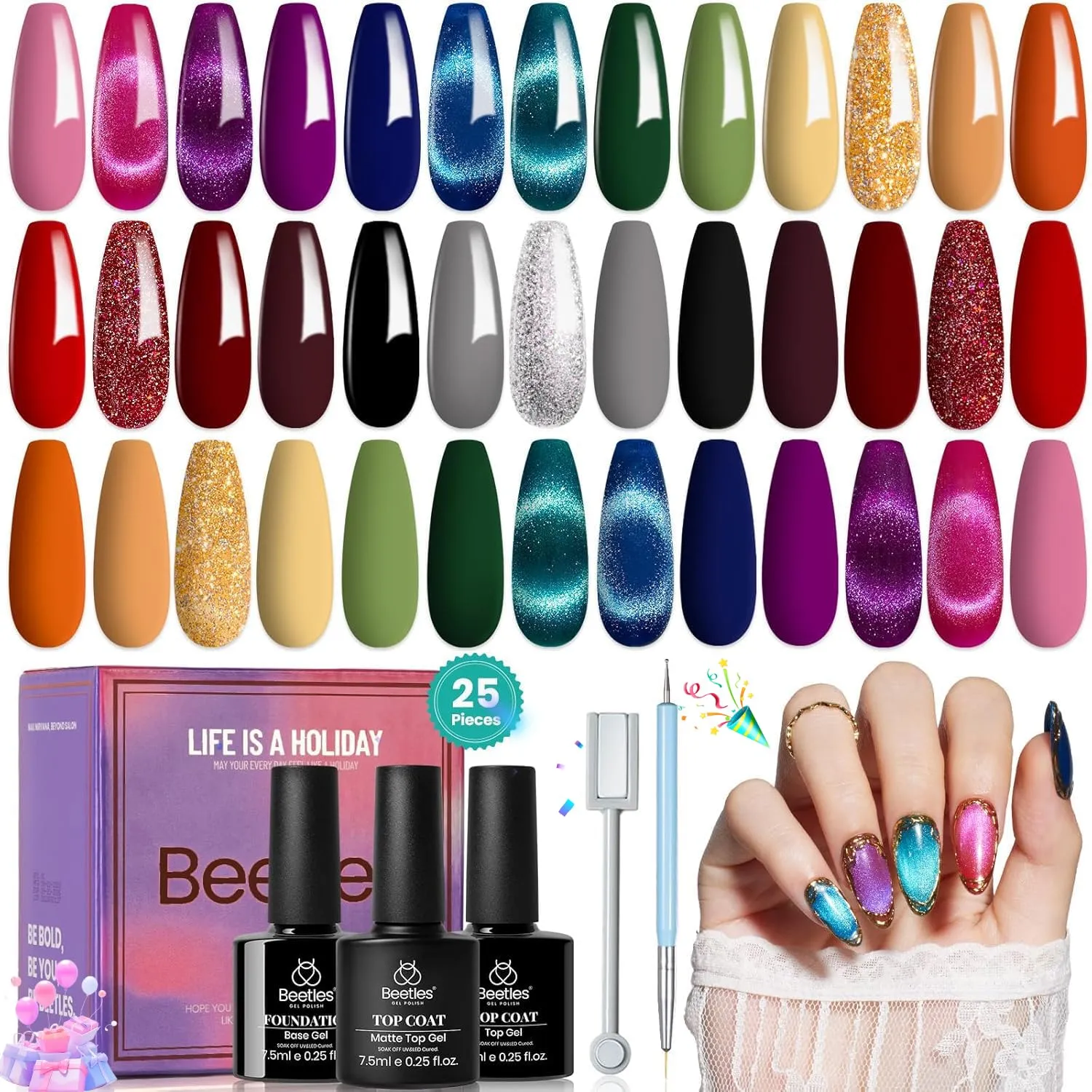 Beetles Cat Eye Gel Nail Polish Set, 20 Colors Magnetic Gel Polish Red Purple Blue Color Polish Set with Double-ended Pen and Magnet, Base&Top Coat, Manicured Soak Off UV Spring Gifts for Women