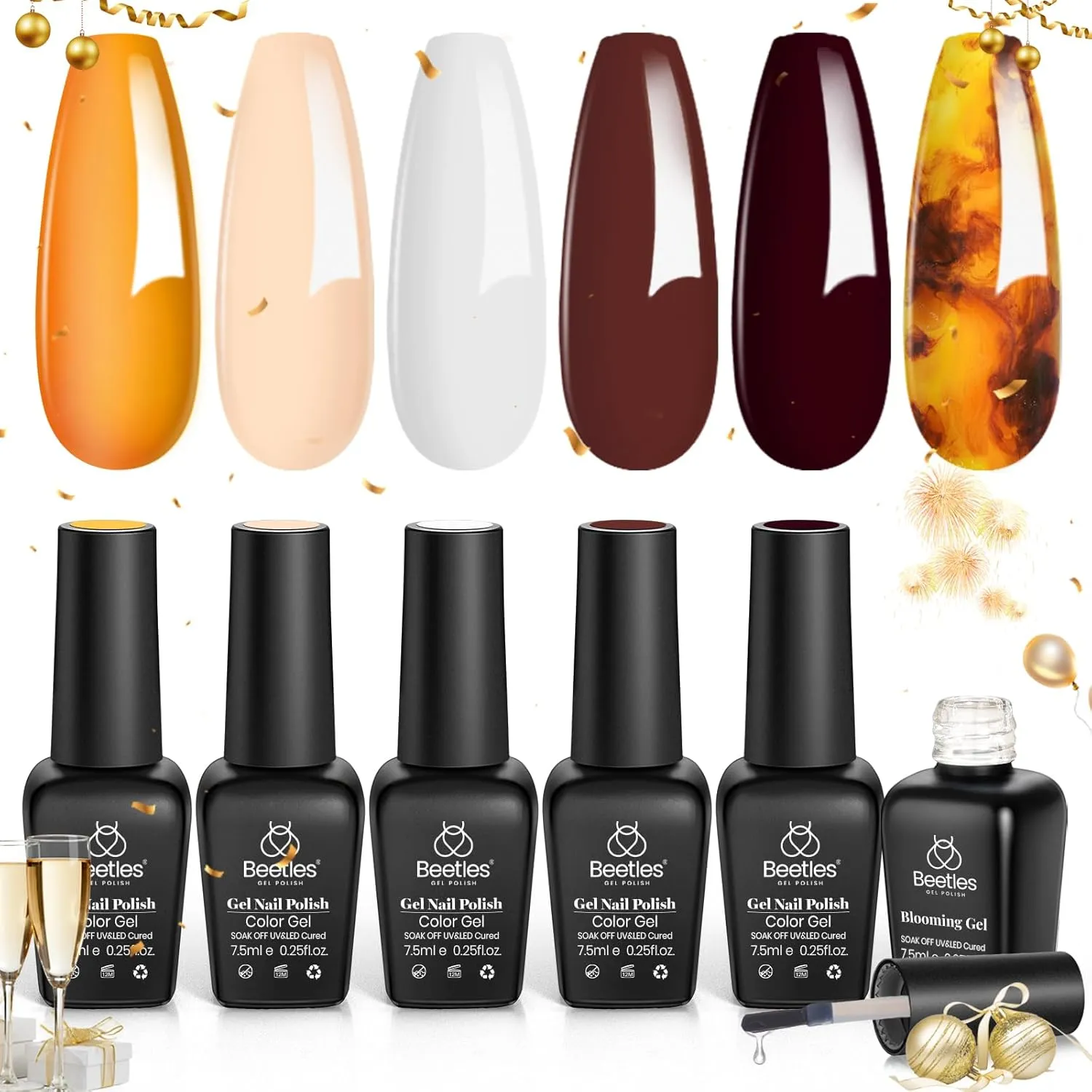 Beetles Gel Nail Polish with Blooming Gel Amber Attraction 5 Colors Gel Polish White Wine Gel Polish Set 1pcs Clear Blooming Gel Polish Soak Off Uv Gel Polish Set for Women
