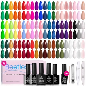 Beetles Gel Nail Polish Set, 60 Colors Neon Gel Polish Kit Jelly Glitter Nude Pink White Red Blue Green Brown Summer Color Nail Polish Base &Glossy Matte Top Coat Gift for Her Women
