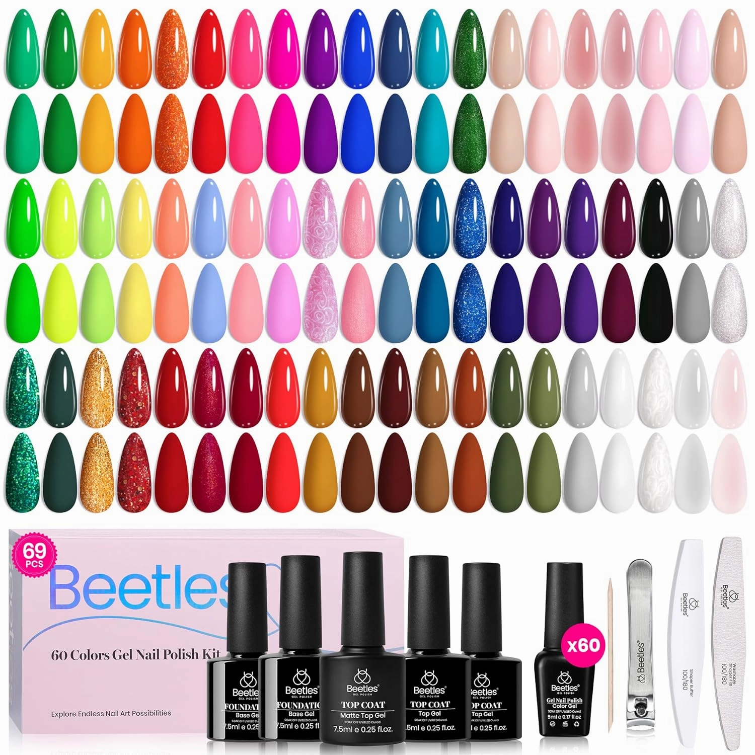 Beetles Gel Nail Polish Set, 60 Colors Neon Gel Polish Kit Jelly Glitter Nude Pink White Red Blue Green Brown Summer Color Nail Polish Base &Glossy Matte Top Coat Gift for Her Women