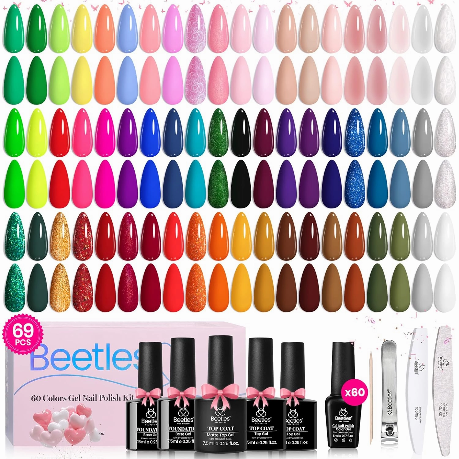 Beetles Gel Nail Polish Set, 60 Colors Neon Gel Polish Kit Jelly Glitter Nude Pink White Red Blue Green Brown Summer Color Nail Polish Base &Glossy Matte Top Coat Gift for Her Women
