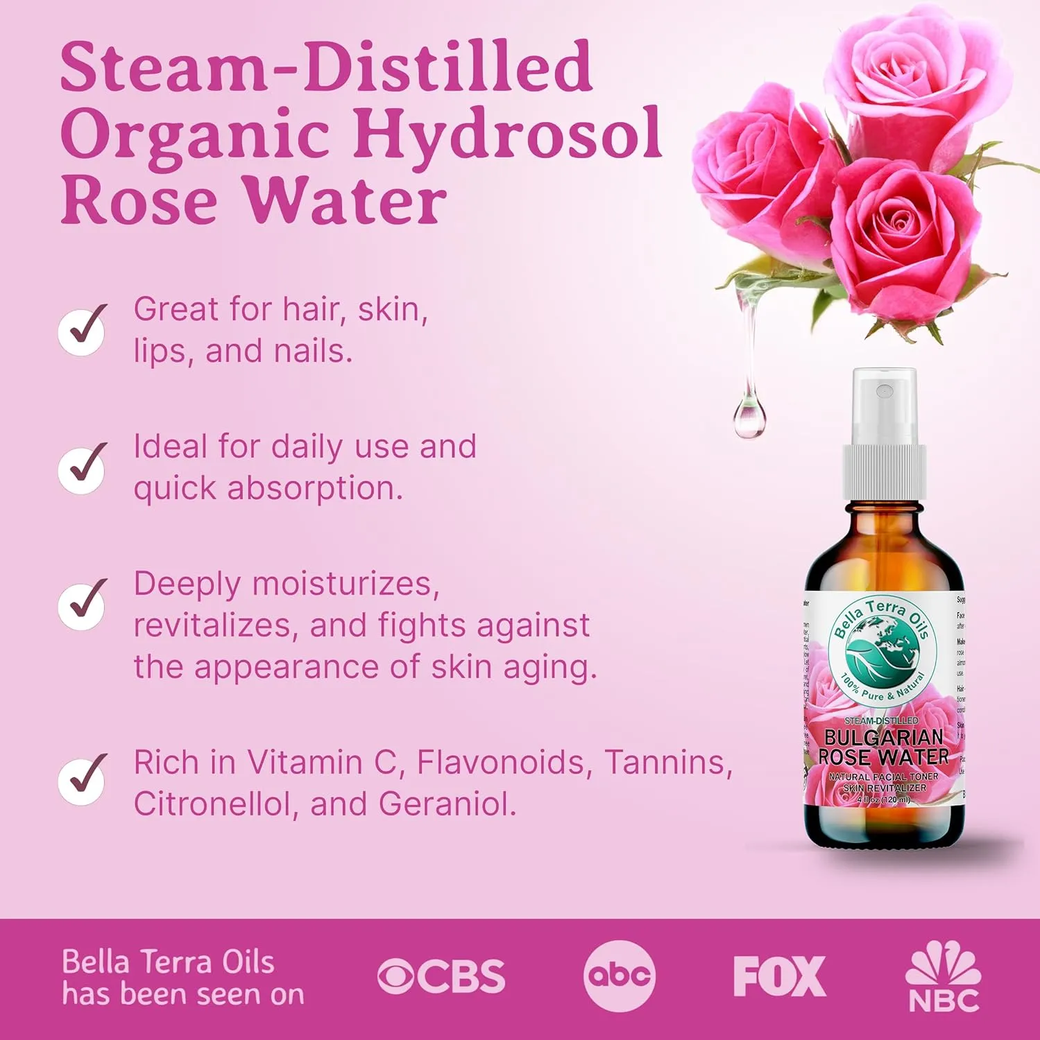 Bella Terra Oils Rose Water Hydrosol – 1 Gallon | Pure, Gentle Facial Toner & Mist | Natural Skin Tonic, Makeup Setting Spray | Organic, Steam-Distilled