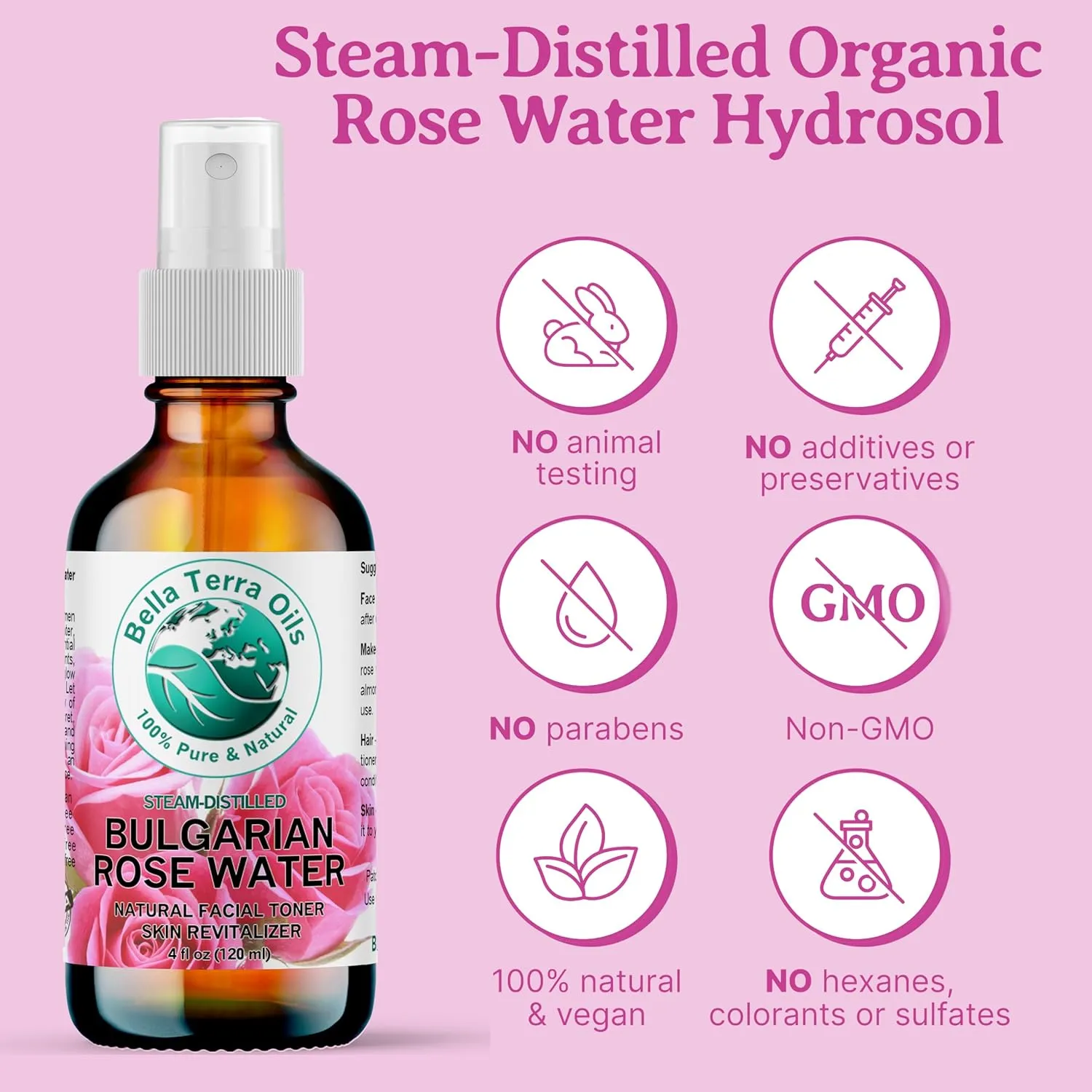 Bella Terra Oils Rose Water Hydrosol – 1 Gallon | Pure, Gentle Facial Toner & Mist | Natural Skin Tonic, Makeup Setting Spray | Organic, Steam-Distilled
