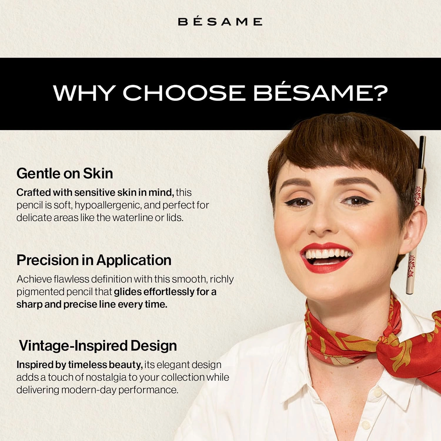 BESAME MasterLiner Pencil Black – Matte Black Eyeliner, Vintage-Inspired Gluten-Free Eye Liner Pencil for Bold, Precise Lines and Easy Application