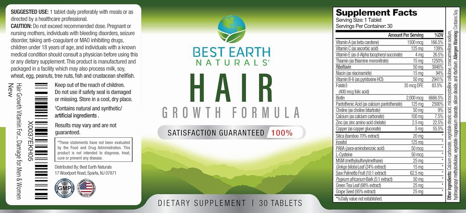 Best Earth Naturals Hair Growth Vitamin Formula to Help Support Thick Full Strong Healthy Hair - for Men & Women - 30 Count